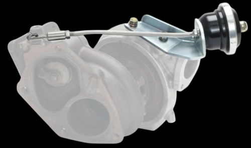 Turbosmart IWG75 EVO 9 black wastegate actuator mounted on turbo, side angle view