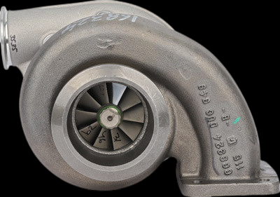 New Borg Warner S300 turbocharger, front view showing compressor wheel, housing and mounting flange
