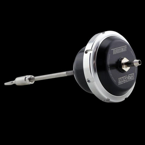 Turbosmart IWG75 black wastegate actuator, angled view showing diaphragm housing, rod end, and fitting
