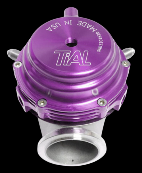 TiAL Sport MVR 44mm wastegate in purple, top down view showing logo, bolts and outlet flange