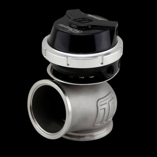 Turbosmart WG50 Gen V Pro-Gate 50 external wastegate, black actuator top, side view showing V-band inlet flange