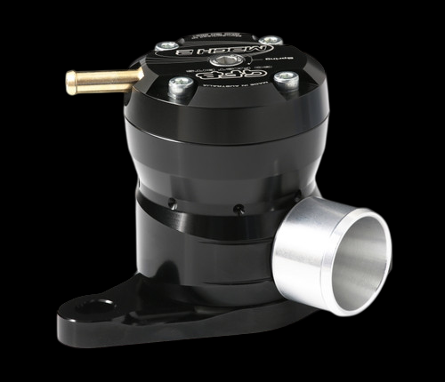 GFB Mach 2 TMS diverter valve, black body, brass hose barb, silver outlet flange, side angle view