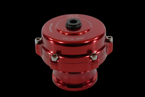 TiAL Sport QR BOV 8 PSI red blow off valve, top angle view showing bolted flange, black center cap and inlet base