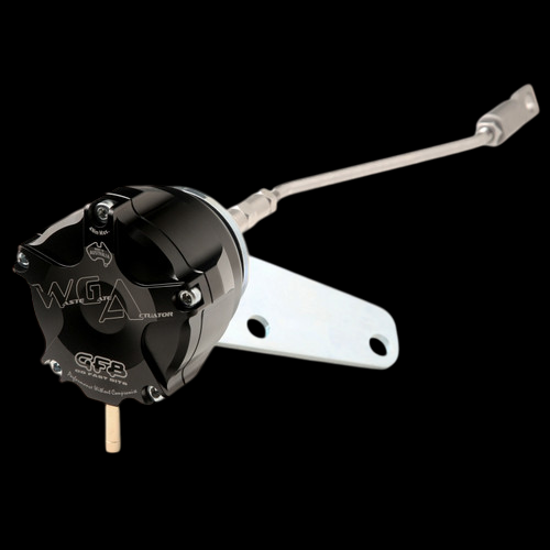 GFB Mitsubishi EVO 9 internal wastegate actuator, black canister with steel mounting bracket and rod
