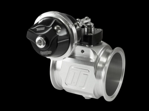 Turbosmart PBG76CG 7PSI Boostgate, black actuator top, side angle showing billet body and flanged outlet