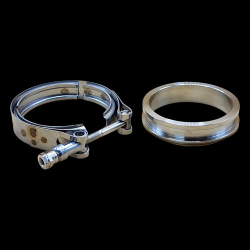 BL T3 V-Band Outlet Flange and Clamp Kit, stainless steel clamp with bolt tensioner beside matching V-band flange ring