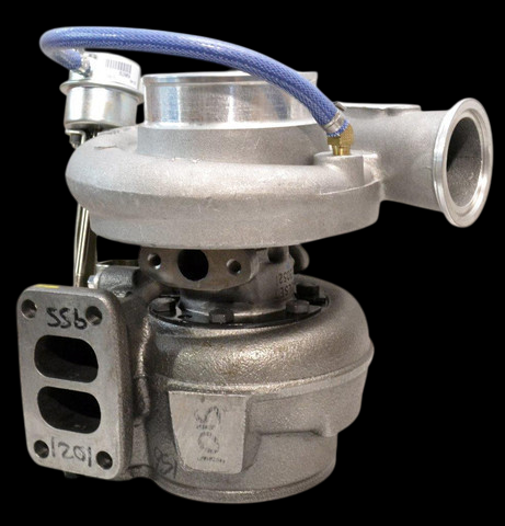 Holset HX40W turbocharger 4041276D, side view showing exhaust housing, compressor inlet, and oil line fitting