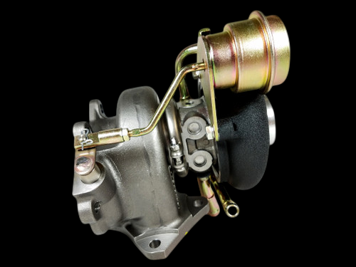 Boost Lab TD06SL2-54X turbo for Subaru STI, side angle showing compressor housing, wastegate actuator, and oil fittings