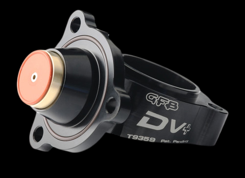 GFB DV+ diverter valve, side angle showing flange, orange piston top, and T9359 housing