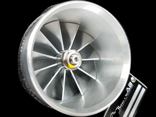 Boost Lab TD06SL2-54X turbocharger for Subaru STI, front view of compressor wheel and housing, close up