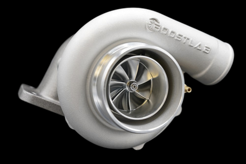 BoostLab BL6766RC billet turbocharger, front angle view showing compressor wheel, housing and wastegate fitting.