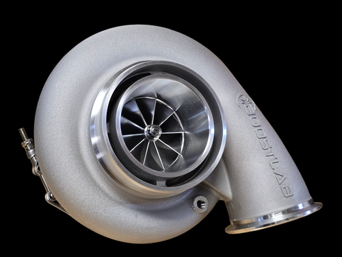 BoostLab BL79XR billet turbocharger, front angle view showing billet compressor wheel, cast housing and outlet flange