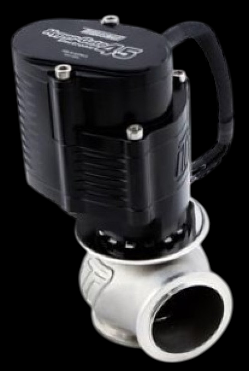 Turbosmart WG45 Gen V Hyper-Gate 45 electronic wastegate in black, angled view showing top actuator and polished valve body with outlet flange