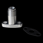 Boost Lab billet GTX and G Series turbo oil drain flange, -10AN fitting, with matching black gasket alongside.