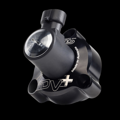 GFB DV+ diverter valve, angled view showing piston, inlet port, and Made in Australia logo