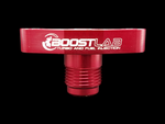Front view of BL Billet T3/T4 Turbo Oil Drain Flange, -10 AN, red anodized finish with threaded fitting.