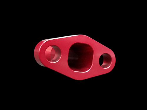 Red anodized BL Billet GT Series turbo oil drain flange, angled view showing large center bore and two mounting holes.