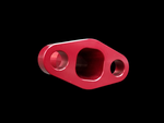 Red anodized BL Billet GT Series turbo oil drain flange, angled view showing large center bore and two mounting holes.
