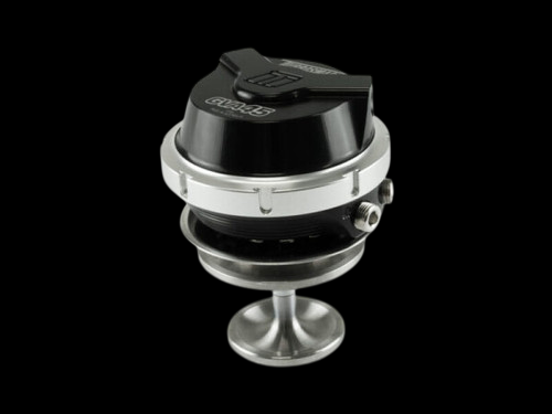 Turbosmart GVA45 blow off valve, black top with vertical lever, side angle showing mounting flange and base