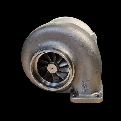 BL9802R Billet Turbocharger, front view showing compressor wheel, housing, and mounting flange with bolt holes