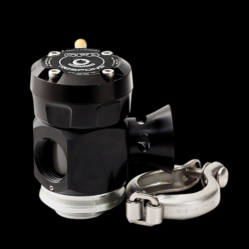 GFB Respons TMS blow off valve, black body with trumpet outlet and weld on flange clamp shown.