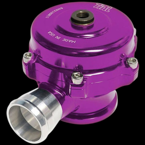 TiAL Sport QR BOV in purple with 10 PSI spring, top angle view showing bolted flange, center vacuum port, and 1.0in aluminum outlet.