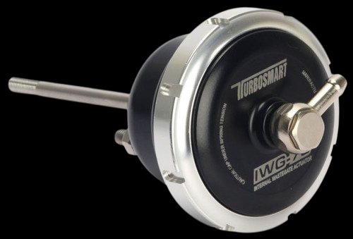 Turbosmart IWG75 internal wastegate actuator, black canister, chrome band, angled view with rod and fitting