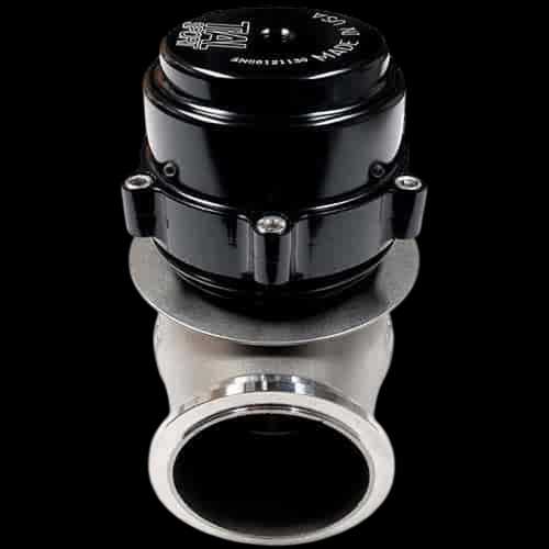 TiAL Sport V50 wastegate, 50mm, black top housing, front view showing polished flange and outlet port