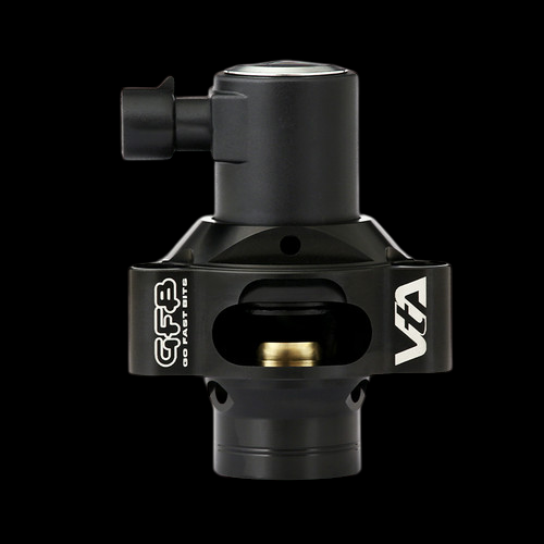 GFB VTA blow off valve, side view showing inlet port, GFB and VTA logos, brass insert visible