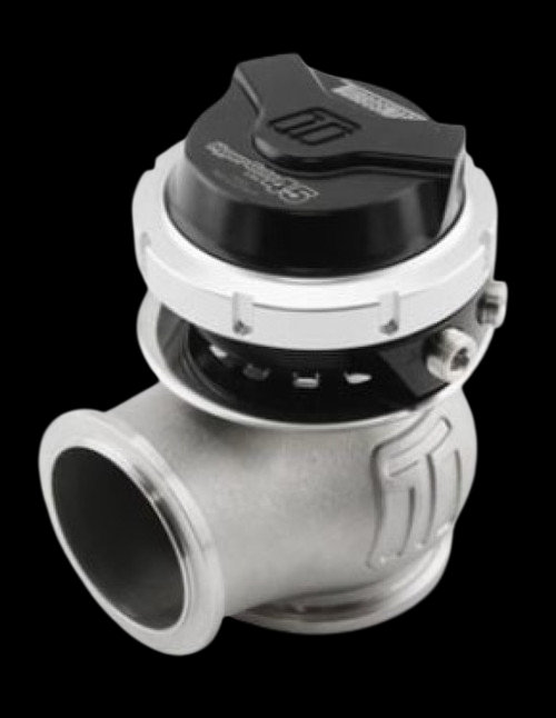Turbosmart WG45 GenV Hypergate 45 Lite external wastegate, black cap, side angle showing V-band clamp and inlet flange