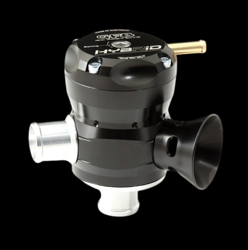 GFB Hybrid TMS dual port blow off valve, angled view showing brass nipple, black body and trumpet vent