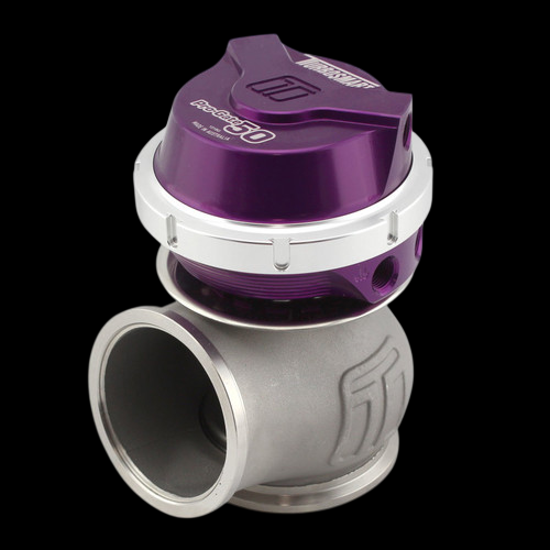 Turbosmart WG50 Pro-Gate50 purple external wastegate, angled view showing cap, clamp band and inlet flange