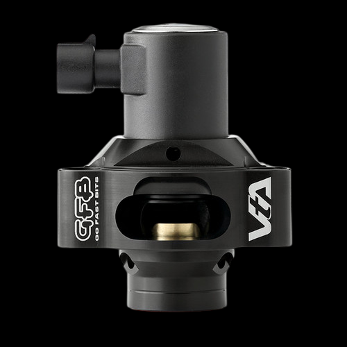 GFB VTA blow off valve, front angle view showing side inlet port, top cap and internal piston through vent window.