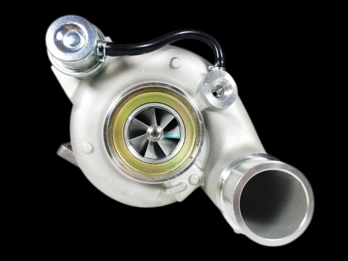 HE351CW 4043600 turbocharger, front angle view showing compressor wheel, wastegate actuator, and outlet pipe