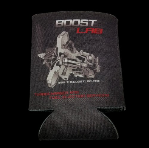 Boost Lab InterKoozie can holder, black fabric with turbocharger graphic and website text, front view