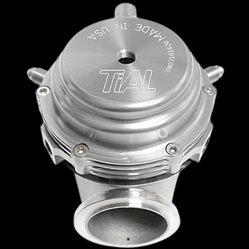TiAL Sport MVS wastegate in silver, top down view showing domed cap, mounting bolts and outlet flange