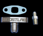 BoostLab T3/T4 turbo oil drain flange kit with gasket and AN fitting adapter, top view