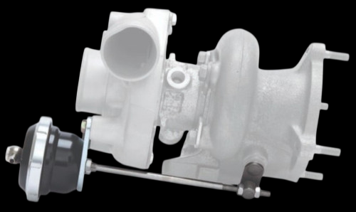 Turbosmart IWG75 black internal wastegate actuator mounted on turbo housing, side angle view