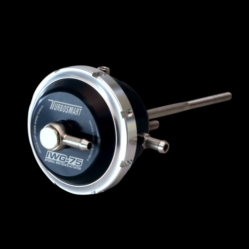 Turbosmart IWG75 internal wastegate actuator, angled view showing black body, twin ports, rod
