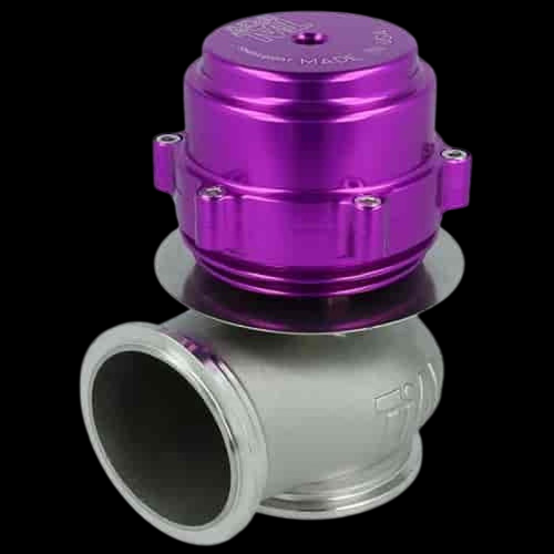 TiAL Sport V50 wastegate, 50mm, purple anodized top, angled view showing silver flange and inlet/outlet ports.
