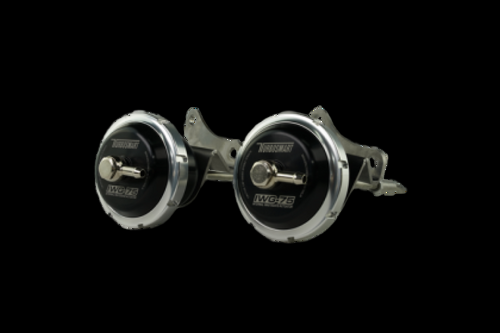 Turbosmart IWG75 dual black wastegate actuators with chrome brackets, RB26DETT 7 PSI, angled view