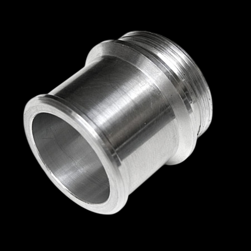 Garrett GVB-50R outlet hose adapter, 1.34in machined aluminum fitting, smooth bore end and threaded end shown at angle