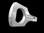 Boost Lab connecting rod bottle opener, polished aluminum, angled front view showing engraved logo