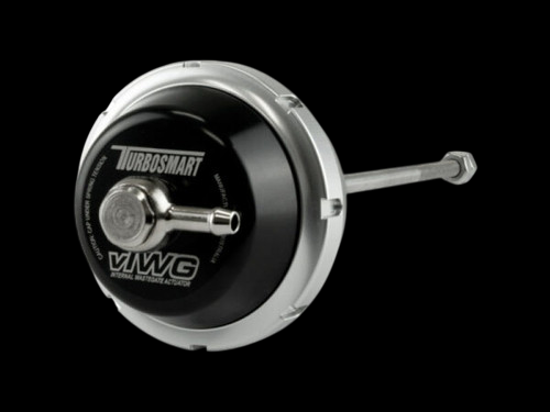 Turbosmart 57mm vIWG wastegate actuator, front view showing black canister, hose barb fitting, and rod arm.