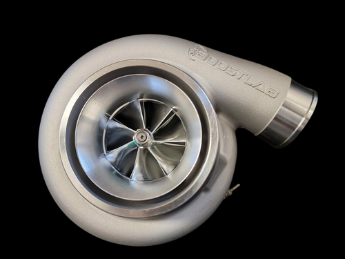Boost Lab BL8892S billet turbocharger, front angle showing compressor wheel, housing and outlet flange
