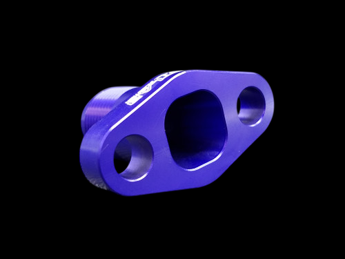 Purple anodized billet GT turbo oil drain flange, angled view showing threaded -10AN fitting and two mounting holes.