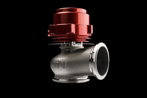 TiAL Sport V50 wastegate, 50mm .43 Bar, red top cap, side angle showing inlet and outlet flanges