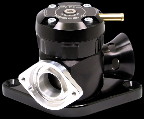 GFB Respons blow off valve kit for WRX/STI, side angle view showing black body, brass vacuum nipple, and machined aluminum flange.