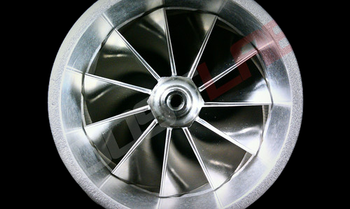 Boost Lab BL372R turbo compressor wheel, front view showing curved blades and center hub