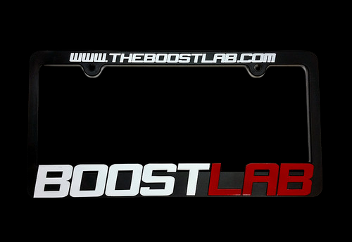 Black BL License Plate Frame with white BOOST and red LAB text, www.theboostlab.com printed on top edge
